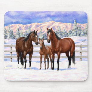 Brawn Bay Quarter Pferde im Schnee Mousepad
