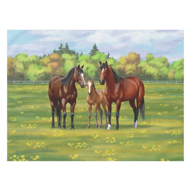 Brawn Bay Quarter Pferde im Sommer Weide Tischdecke (Vorderseite (Horizontal))