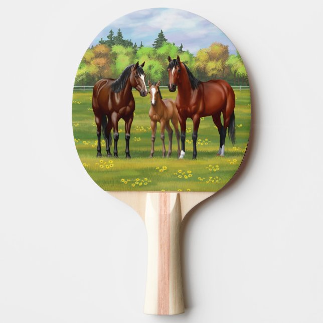 Brawn Bay Quarter Pferde im Sommer Weide Tischtennis Schläger (Vorderseite)