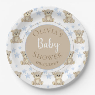 Brawn Bear Blue Stars Wasserfarbe Babydusche Pappteller