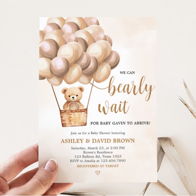 Brawn Bear Hot Air Ballon Babydusche Einladung (Boho Brown Bear Baby Shower Invitation)