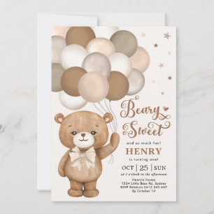 Brawn Beary Sweet Teddy Bear Balloons Birthday Inv Einladung