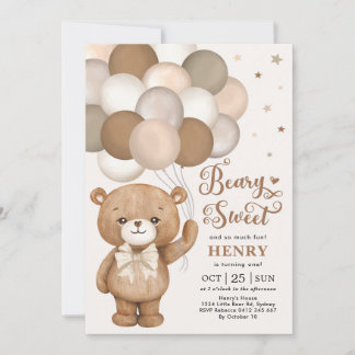 Brawn Beary Sweet Teddy Bear Balloons Birthday Inv Einladung
