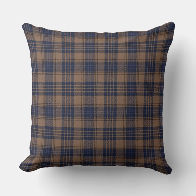 Brawn Blue Tartan Kariertes rustikales Muster Kissen (Vorderseite)