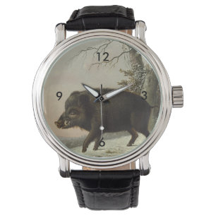 Brawn Boar Pig Vintage Kunst Jagd Malerei Armbanduhr