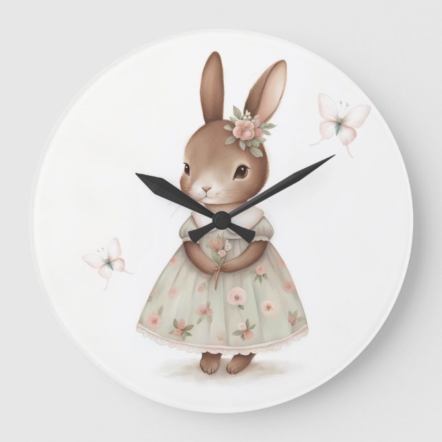 Brawn Bunny in einem floralen Kleid Große Wanduhr (Vorderseite)
