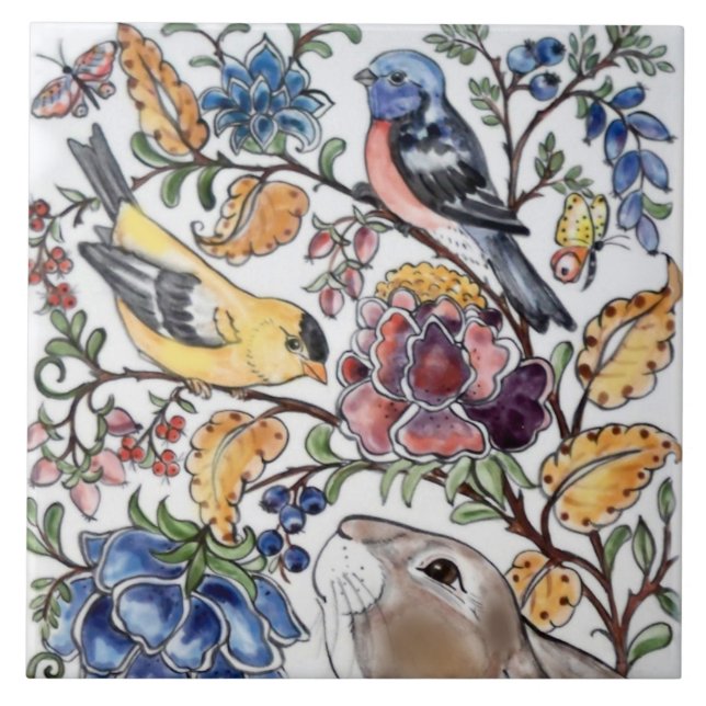 Brawn Bunny Rabbit Bird Blumenfacen L Fliese (Vorderseite)