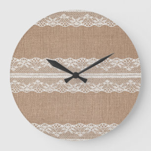 Brawn Burlap Off-White Lace Textur Große Wanduhr