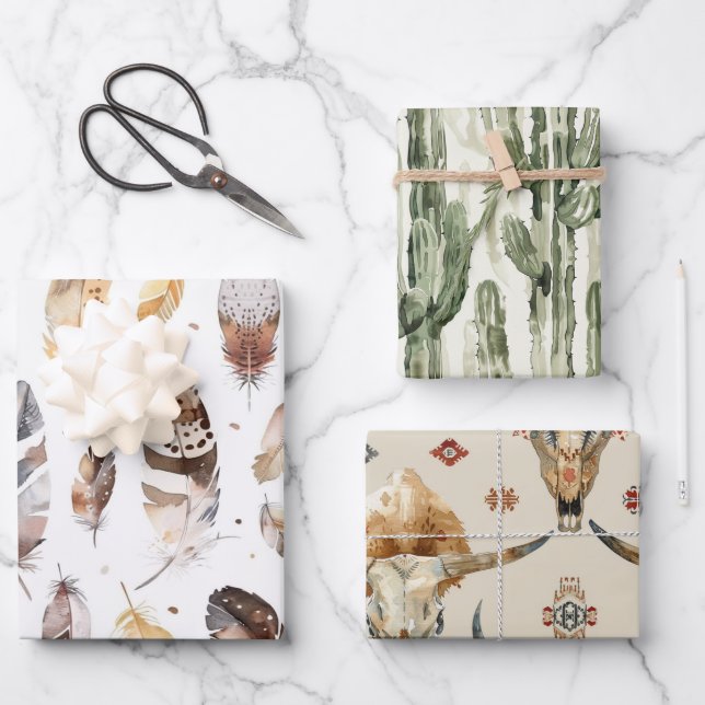 Brawn Cream Tribal Native Feathers Geburtstag Geschenkpapier Set (Vorderseite)