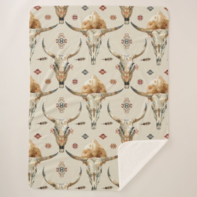 Brawn Cream Tribal Native Feathers Skulls Sherpadecke (Vorderseite)