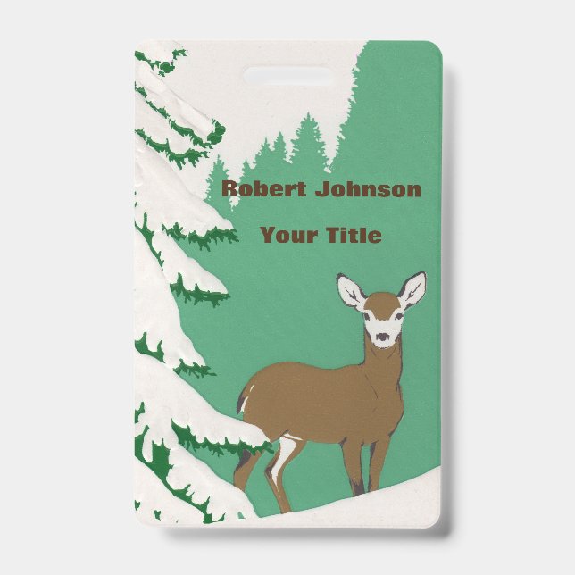 Brawn Doe Deer neben Pine Tree im Schnee Ausweis (Vorderseite)