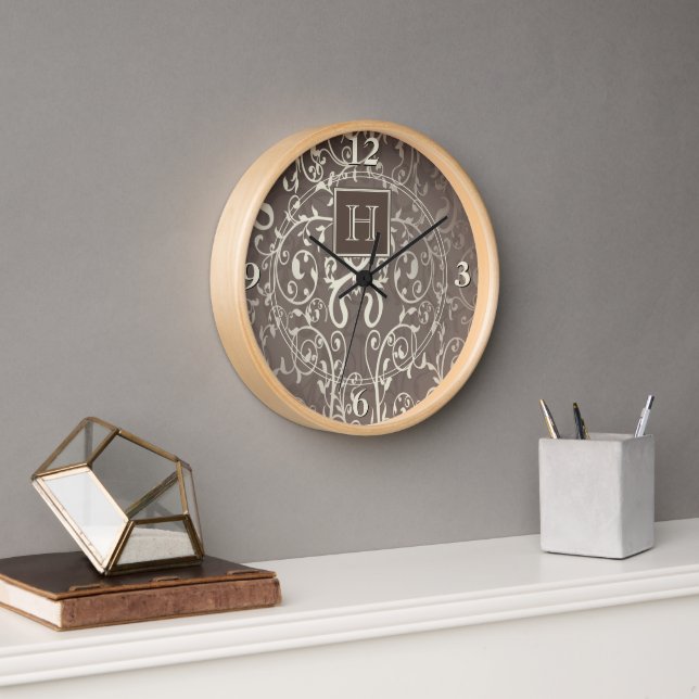 Brawn Elegant Blüh Monogram Clock Uhr (Büro)
