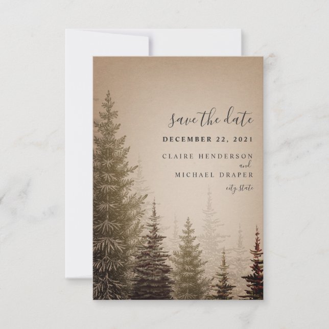 Brawn Evergreen Trees Wedding rettet das Datum Save The Date (Vorderseite)