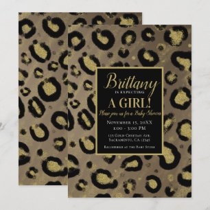 Brawn Gold Glitzer & Black Leopard Baby Dusche Einladung