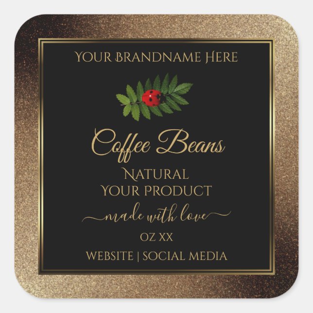 Brawn Gold Glitzer Black Product Labels Ladybug Quadratischer Aufkleber (Vorderseite)