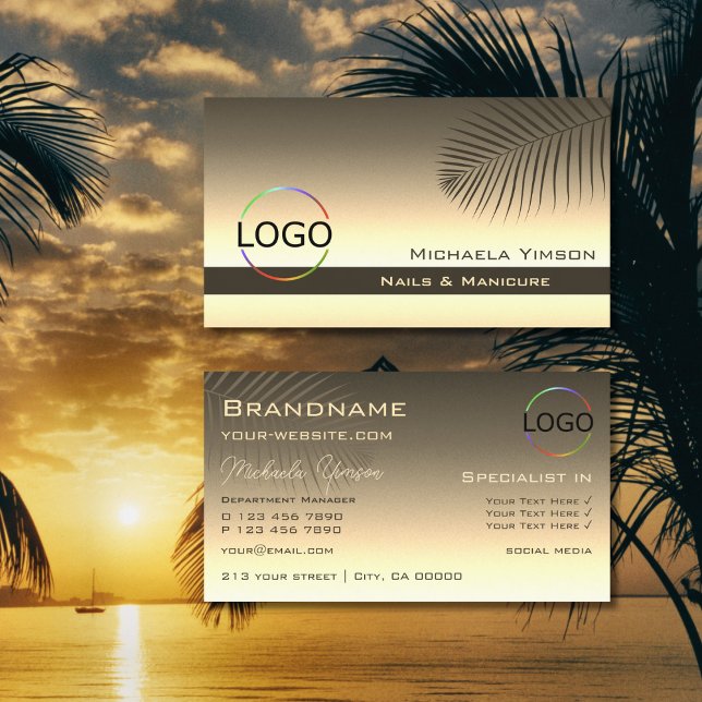 Brawn Gold Gradient Palm Leaf mit Logo Stilvoll Visitenkarte (Von Creator hochgeladen)
