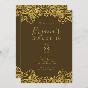 Brawn & Gold Lace Elegant Sweet 16 Party Einladung