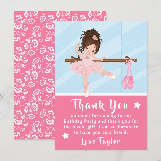 Brawn Hair Ballerina Pink Geburtstag Dankeschön Ka Dankeskarte (Vorne/Hinten)