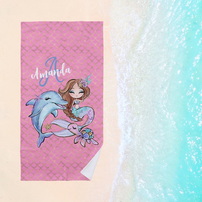 Brawn Hair Mermaid Individuelle Name Girl Pink Strandtuch (Brown Hair Mermaid Custom Name Girl Pink Beach Towel
)