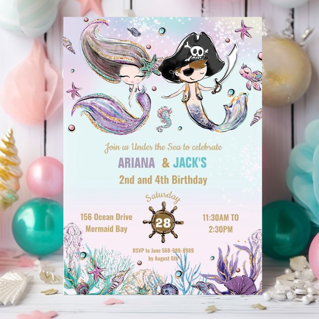 Brawn Hair Mermaids Pirates Twins Joint Birthday Einladung (mermaid and pirate twins brother sister joint pool birthday party invitation cards printed digital)