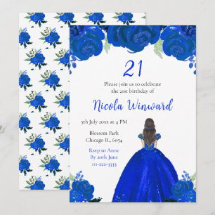 Brawn Hair Princess Blue Floral Geburtstagsparty Einladung