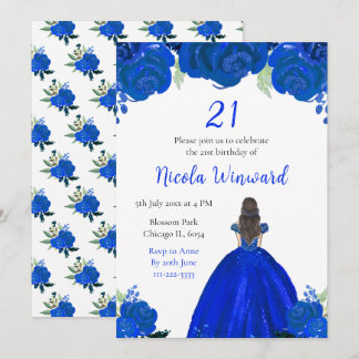 Brawn Hair Princess Blue Floral Geburtstagsparty Einladung