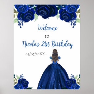 Brawn Hair Princess Navy Floral Geburtstag Willkom Poster