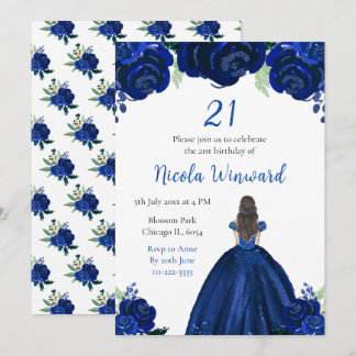 Brawn Hair Princess Navy Floral Geburtstagsparty Einladung