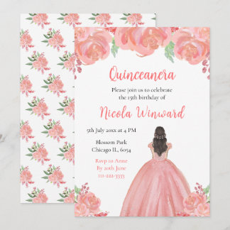 Brawn Hair Princess Pink Floral Quinceanera Einladung