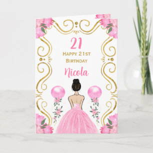 Brawn Hair Princess Pink Happy Birthday Karte