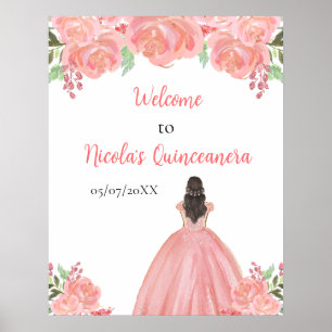 Brawn Hair Princess Pink Quinceanera Willkommen Poster
