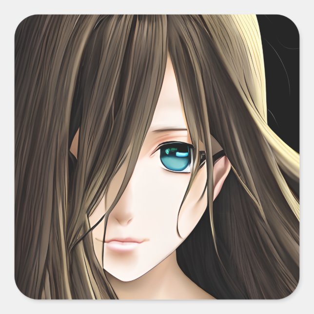 Brawn Hairs Blue Mit Augen Anime Girl Quadratischer Aufkleber (Vorderseite)
