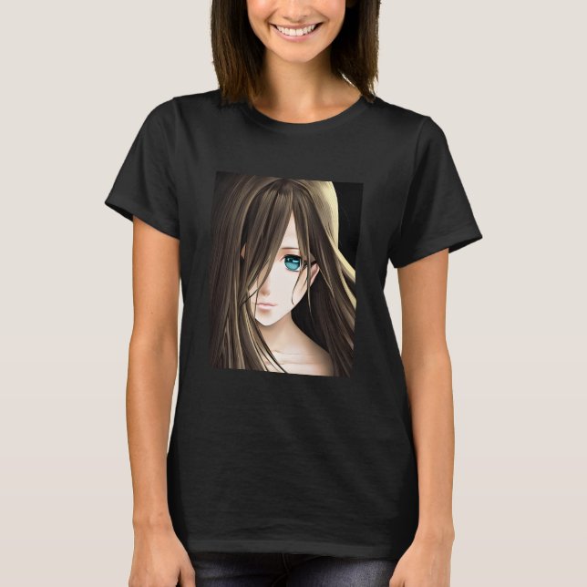 Brawn Hairs Blue Mit Augen Anime Girl T-Shirt (Vorderseite)