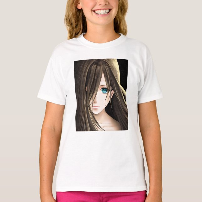 Brawn Hairs Blue Mit Augen Anime Girl T-Shirt (Vorderseite)