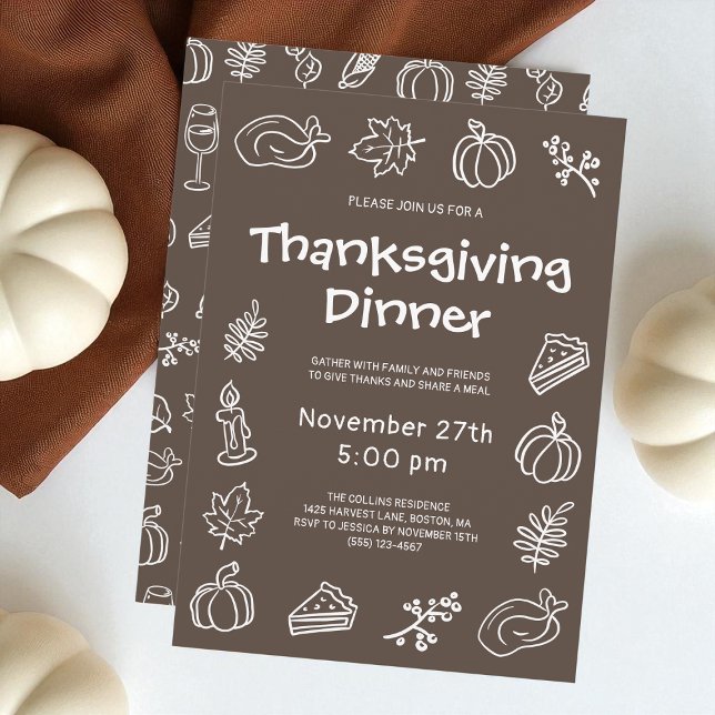 Brawn Hand Drawn Whimsical Erntedank Dinner Einladung (Brown Hand Drawn Whimsical Thanksgiving Dinner Invitation)