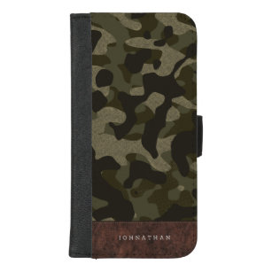 Brawn Leather & Army Green Camouflage Muster Name iPhone 8/7 Plus Geldbeutel-Hülle