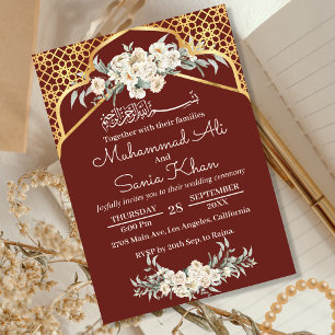 Brawn Minimal Floral Gold Islamische Hochzeit Einladung