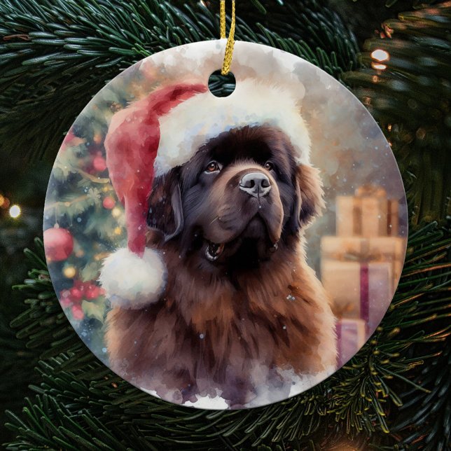 Brawn Newfundland Dog Weihnachtsmannmütze Weihnach Keramik Ornament (Von Creator hochgeladen)