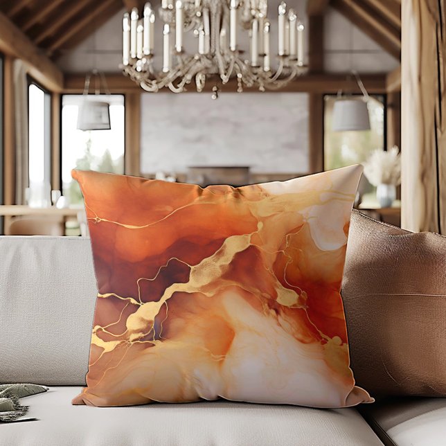 Brawn Orange Gold Marmoralkohol Tinte Kissen (Brown, orange, and gold alcohol ink decorator pillow)