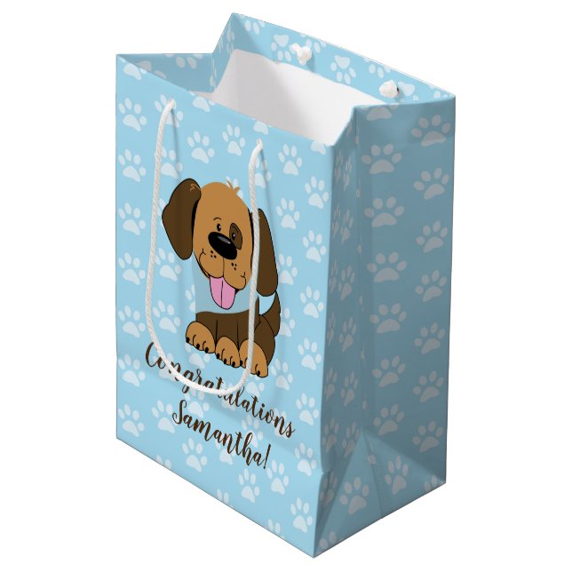 Brawn Puppy Dog Blue Paw Printbeutel Mittlere Geschenktüte (Vorderseite Schrägansicht)