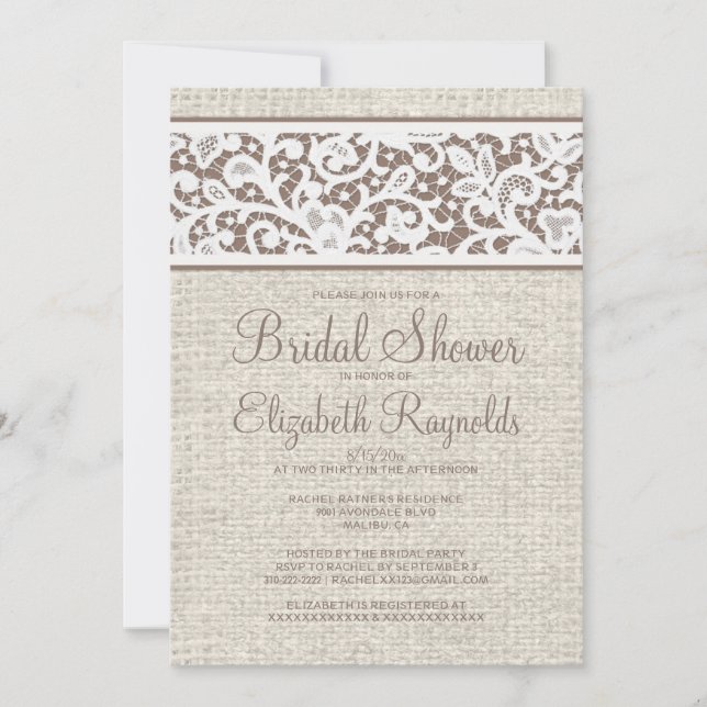 Brawn Rustic Burlap Linen Bridal Dusche Einladung (Vorderseite)
