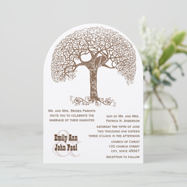 Brawn Swirl Rustic Tree Love Bird Woodland Wedding Einladung (Stehend Vorderseite)