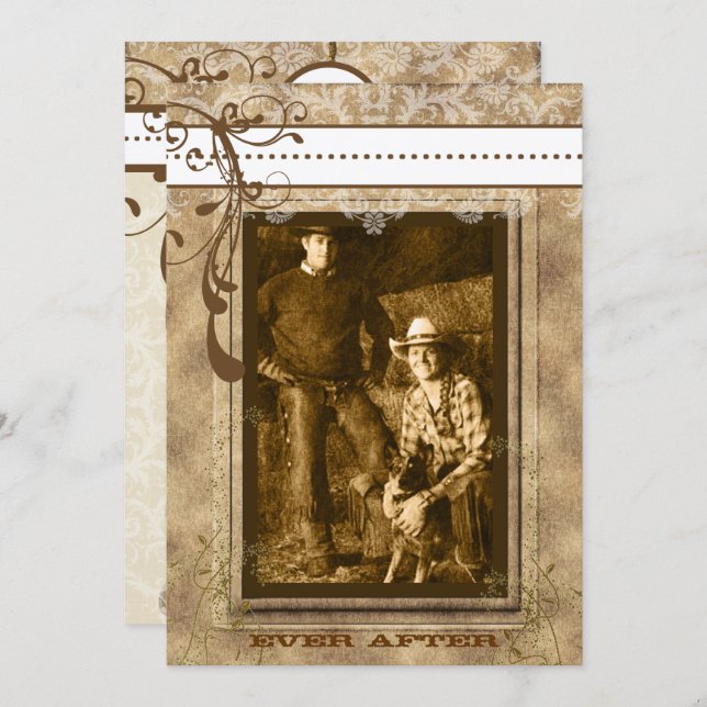 Brawn Swirl Vintager Kronleuchter Damask your Foto Einladung (Vorne/Hinten)