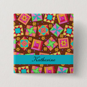 Brawn Türkise Blue Patchwork Quilt Name Abzeichen Button