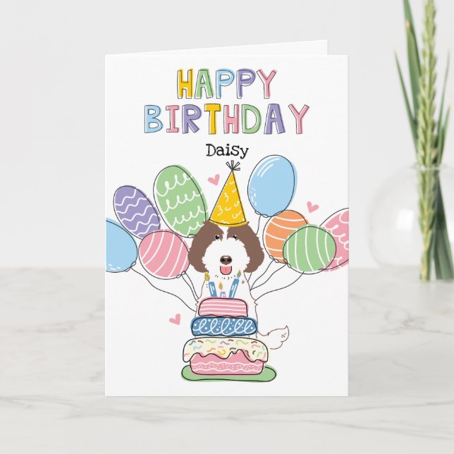 Brawn White Labradoodle Hund Happy Birthday Card Karte (Vorderseite)