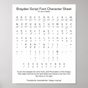 Brayden Script Font Character Sheet for Zazzle Poster