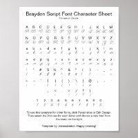 Brayden Script Schriftart Character Sheet for Zazz