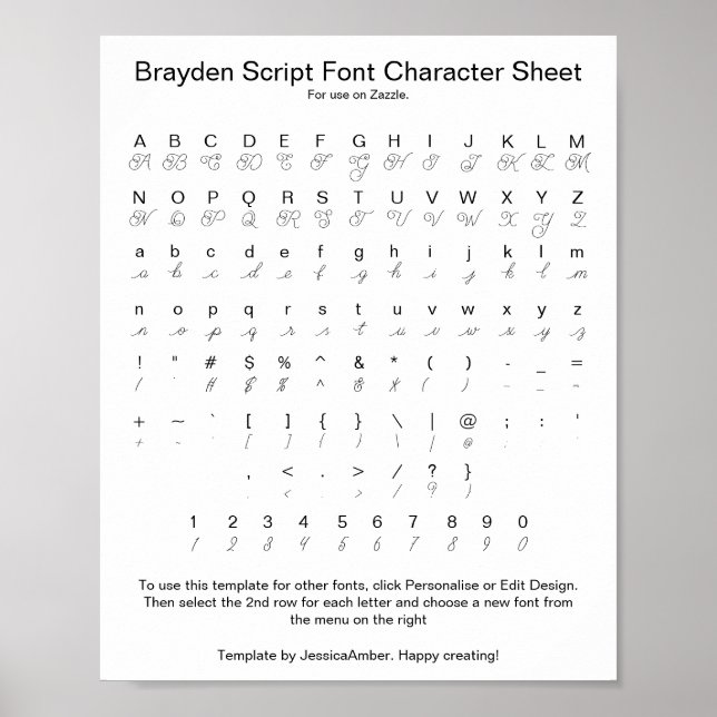 Brayden Script Schriftart Character Sheet for Zazz Poster (Vorne)