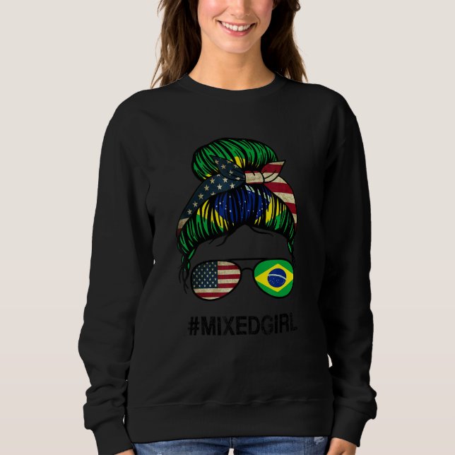 Brazil American Flag   USA Brazilian Messy Bun Sweatshirt (Vorderseite)