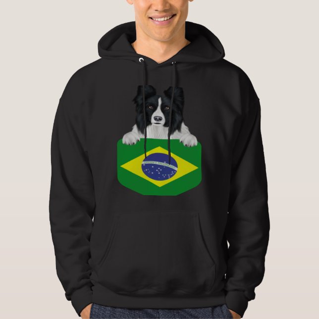 Brazil Flag Border Collie Dog In Pocket Hoodie (Vorderseite)